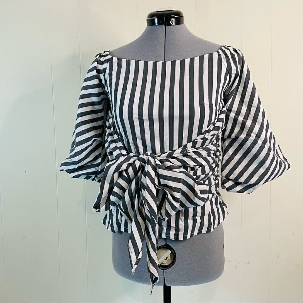 NWT - Haute Rogue Gray White Striped Off Shoulder Top